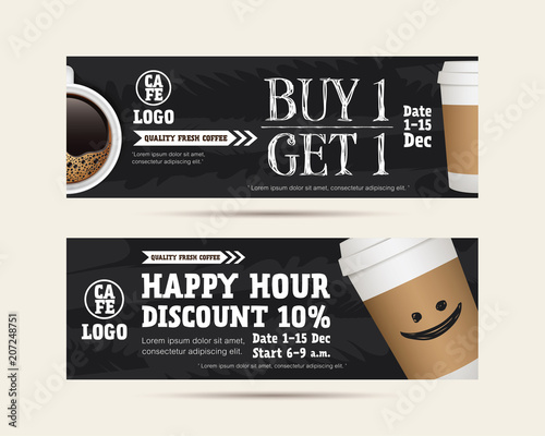 Coffee gift voucher coupon cafe beverage, buy 1 get free, happy hour concept promotion advertising 