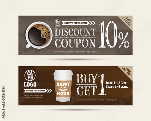Coffee gift voucher coupon cafe beverage, buy 1 get free, happy hour concept promotion advertising 