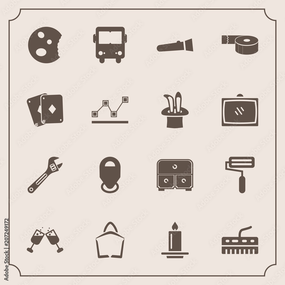 Modern, simple vector icon set with night, bag, flame, sticky, wrench, equipment, roll, tape, transportation, office, doughnut, candle, game, red, sign, tool, lamp, drawer, location, paint, sale icons Modern, simple vector icon set with night, bag, flame, sticky, wrench, equipment, roll, tape, transportation, office, doughnut, candle, game, red, sign, tool, lamp, drawer, location, paint, sale icons