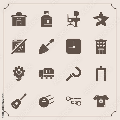 Modern, simple vector icon set with table, guitar, child, hygiene, bowling, mouthwash, blossom, car, white, xray, spring, harvesting, truck, clothes, delivery, pin, chain, dental, farming, fun icons