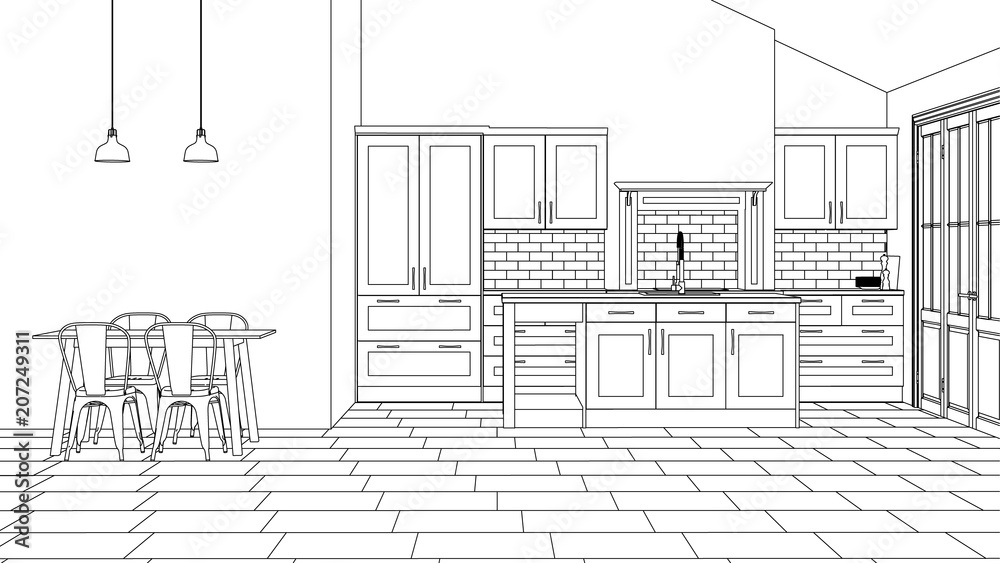 Modern interior of the house. Design project. Sketch. 3D rendering.