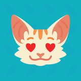 Cat emotional head. Vector illustration of cute kitty with hearts in eyes shows emotion. In love emoji. Smiley icon. Chat, communication. White cat with red stripes in flat cartoon style.