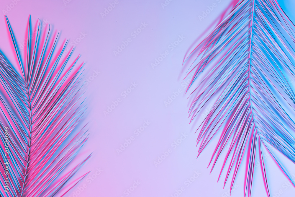Fototapeta Tropical and palm leaves in vibrant bold gradient holographic neon colors. Concept art. Minimal surrealism background.