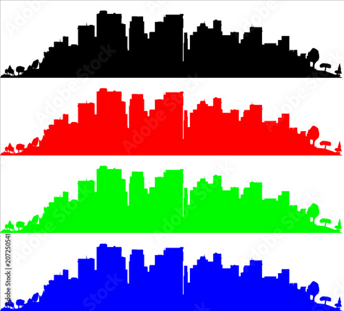 Black Red Green And Blue Sityscape Silhouette Over White