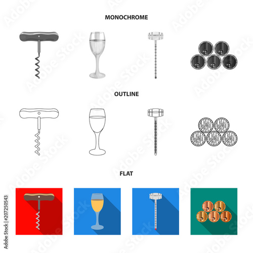 Corkscrew, alcohol counter, barrels in the vault, a glass of white wine. Wine production set collection icons in flat,outline,monochrome style vector symbol stock illustration web. photo