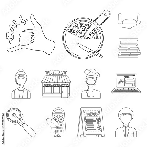 Pizza and pizzeria outline icons in set collection for design. Staff and equipment vector symbol stock web illustration.