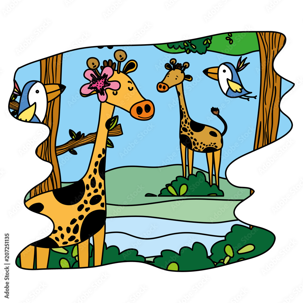 color nice giraffes and birds wild animal in the forest Stock Vector |  Adobe Stock