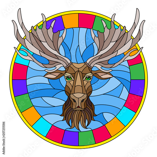 Illustration in stained glass style with moose head in round frame on white background