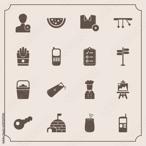 Modern, simple vector icon set with french, vintage, cell, chemical, house, key, shirt, potato, telephone, arctic, restaurant, bucket, music, t-shirt, account, percussion, mobile, phone, snow icons