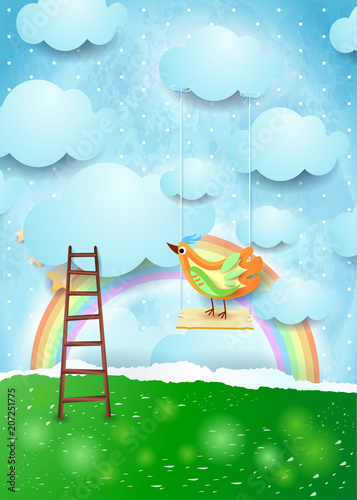 Surreal paper landscape with swing and colorful bird