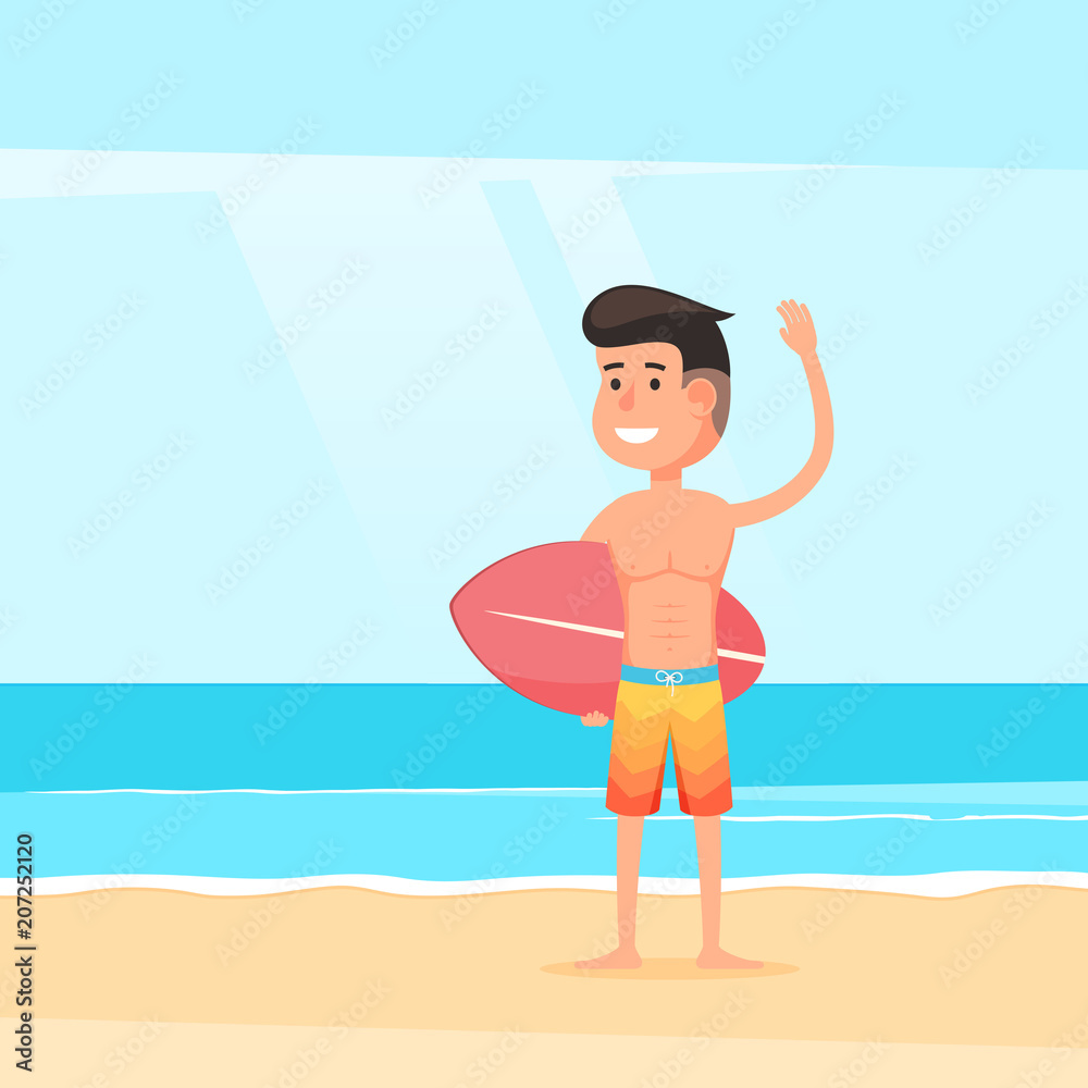Friendly surfer on sandy beach. A man with a surfboard on the background of the ocean surf. Sea landscape in flat style. Summer vacation background. Vector stock illustration