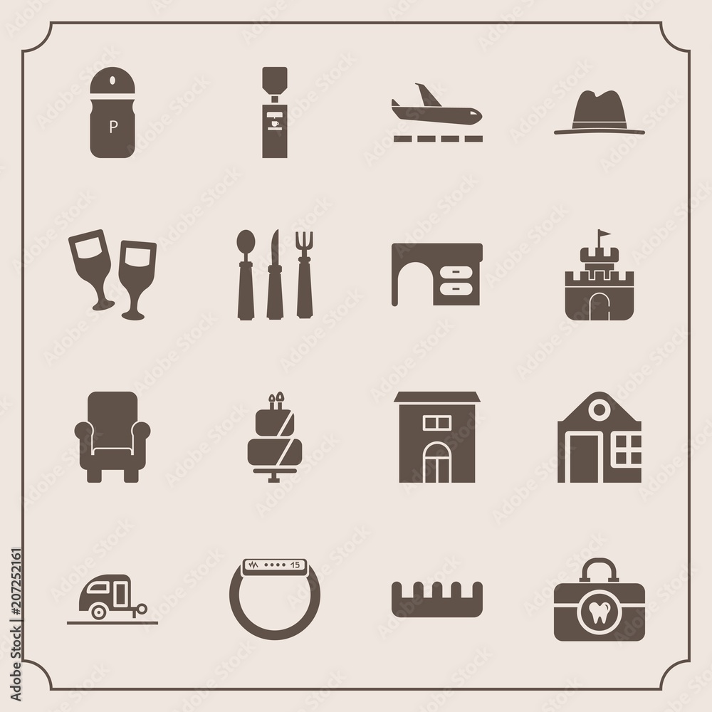 Modern, simple vector icon set with dessert, caravan, real, sweet, seasoning, hygiene, wine, smart, vacation, health, glass, time, chair, liquid, armchair, journey, comb, spice, drink, hat, cake icons