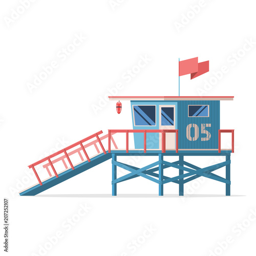 Lifeguard tower on the beach. Coast guard station in modern flat design. Vector stock illustration isolated on white background