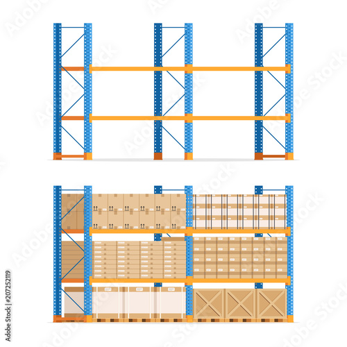 Warehouse shelves with boxesand empty shelves. Racks, pallets and boxes. Vector stock illustration in flat style isolated on white background