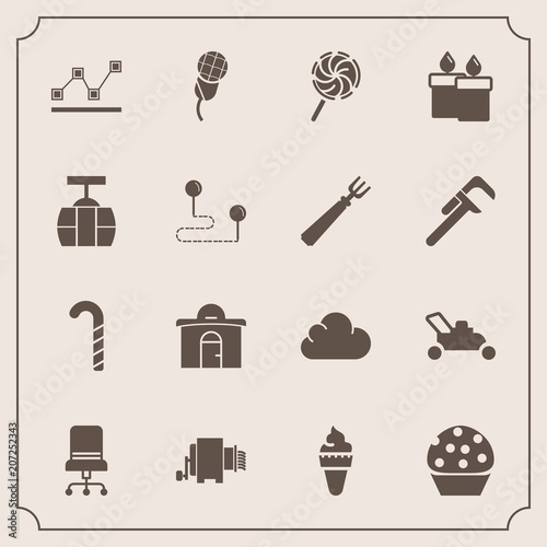 Modern, simple vector icon set with cake, business, stats, mic, graph, sound, interior, train, pasta, data, armchair, decoration, dessert, audio, travel, cable, building, ice, house, lollipop icons