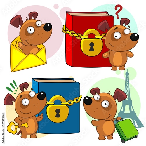 Set of cartoon icons with dogs for design and children. Picture of dogs getting out of the envelope, a traveler with a suitcase on the background of the Eiffel Tower, with books on the lock and a key.