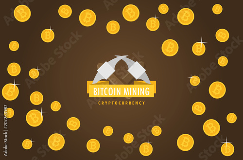 Bitcoin mining concept with pickaxe and coin flat vector