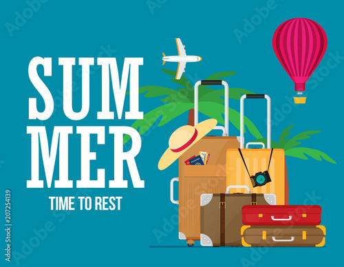 Travel suitcase with different travel elements. Flat design vector illustration.