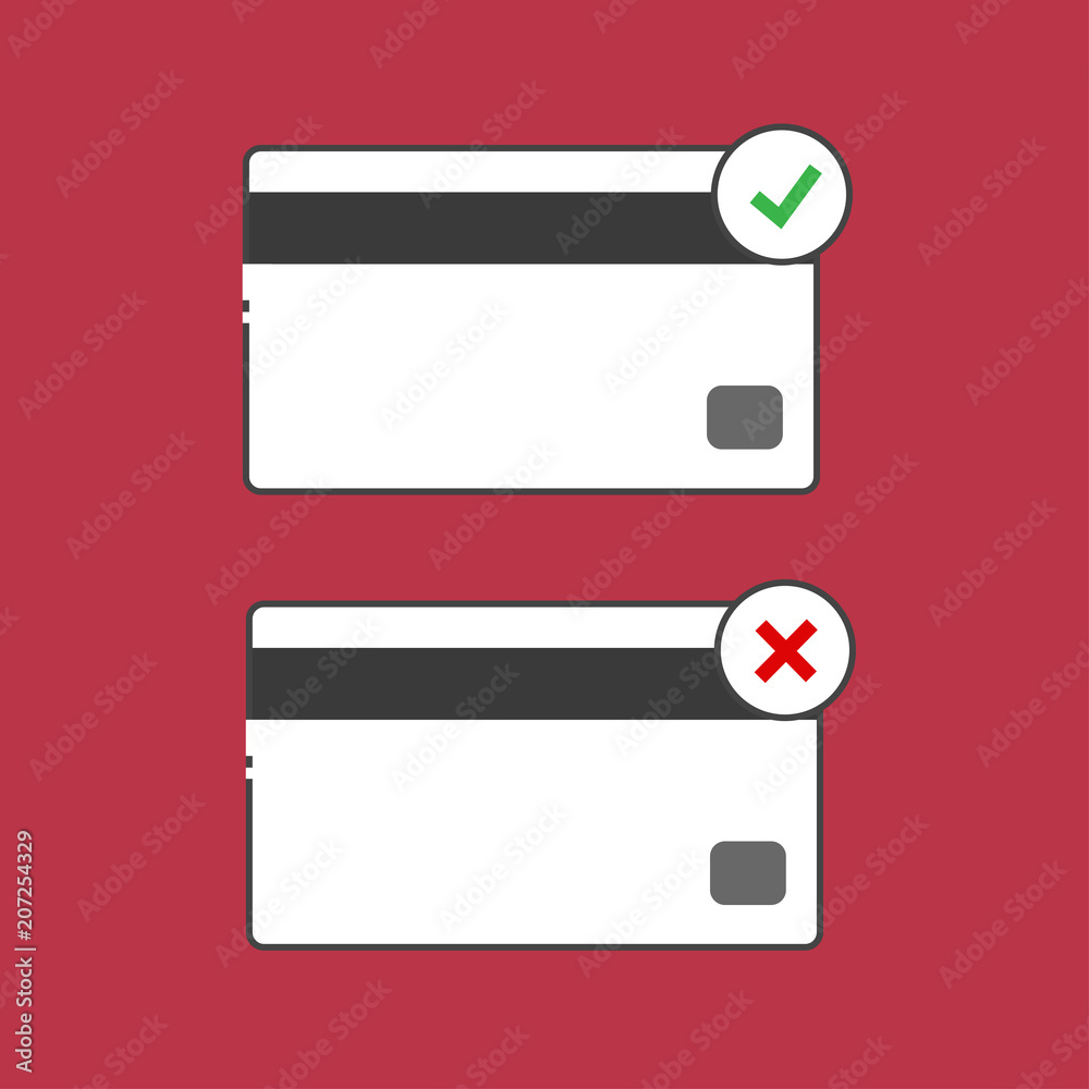Icon of credit card. Successful operation and rejected operation. Vector illustration. Icon of credit card. Successful operation and rejected operation. Vector illustration.
