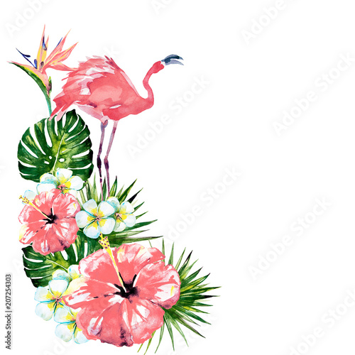 beautiful pink flamingo and exotic  flowers , palm leaves, watercolor © aboard