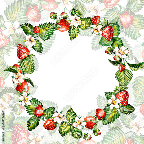 Watercolor floral background with strawberries. Summer card with copy space. Frame with watercolor strawberries. Hand painted background. © Anna