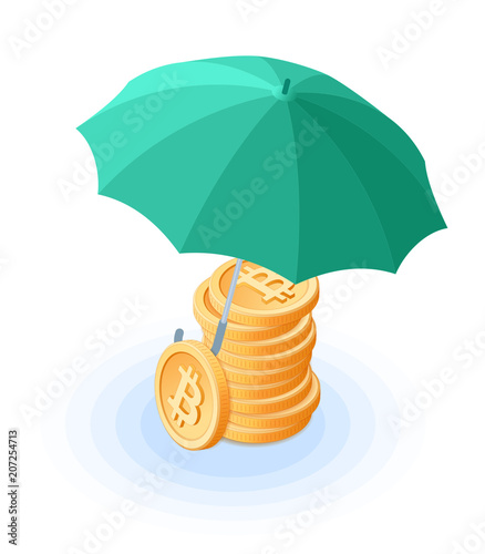 Flat isometric illustration of pile of bitcoins under the umbrella. The reliability and safety, money protection, cash care, business, banking, e-commerce, blockchain, cryptocurrency vector concept.
