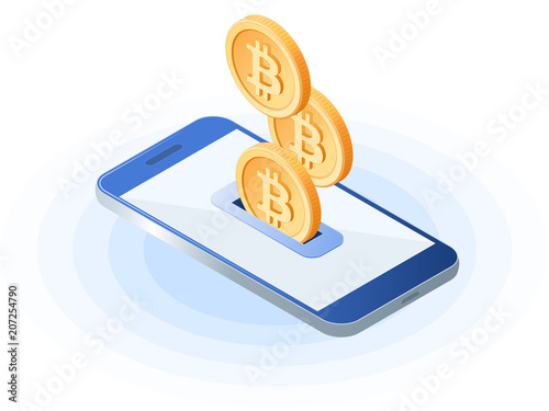 Flat isometric illustration of bitcoins droping into slot at the mobile phone screen. The depositing money into an account, e-commerce, blockchain, cryptocurrency, business vector concept illustration