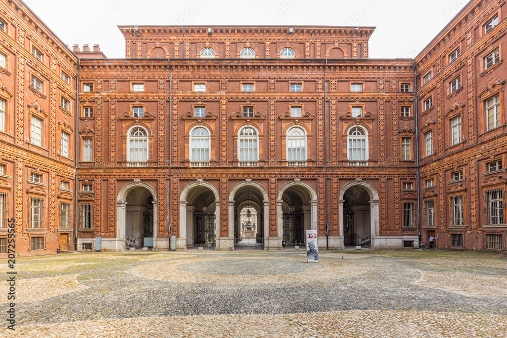 Obraz premium Turin, Piedmont, Italy, 06 September 2017. Interior facade of Palazzo Carignano on Piazza Carlo Alberto, in center city of Turin, north Italy..