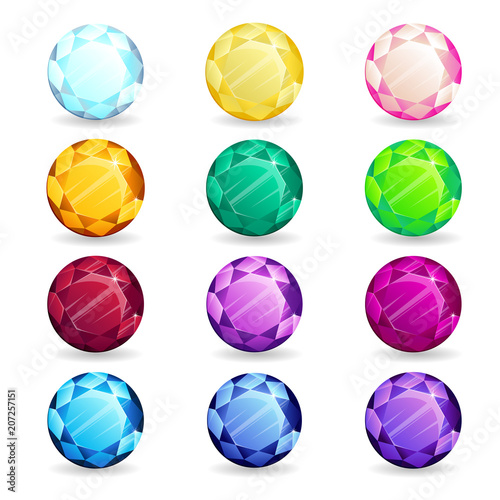 Isolated colorful gemstones of round shape set. Vector illustration for jewelry design.