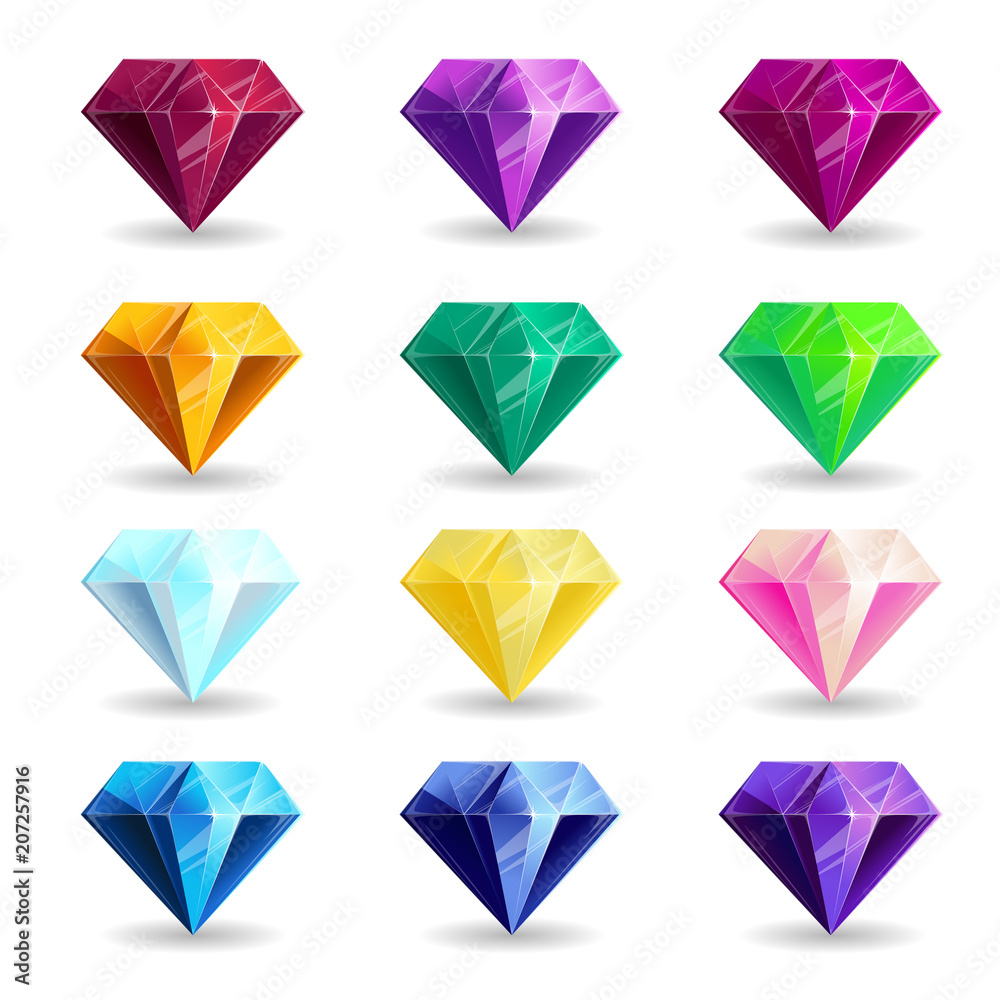 A collection of isolated realistic diamond of different colors. Jewelry for mobile games or design A collection of isolated realistic diamond of different colors. Jewelry for mobile games or design