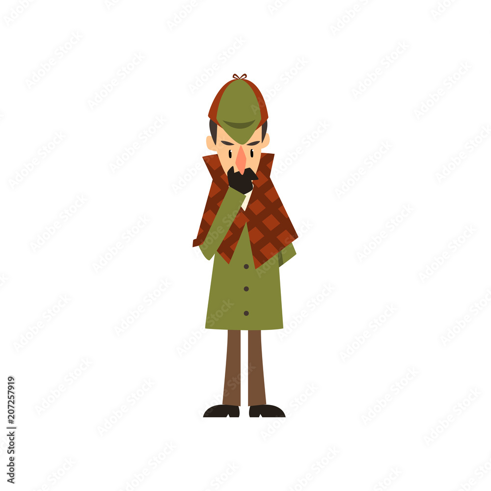 Sherlock Holmes detective character thinking vector Illustration on a white background