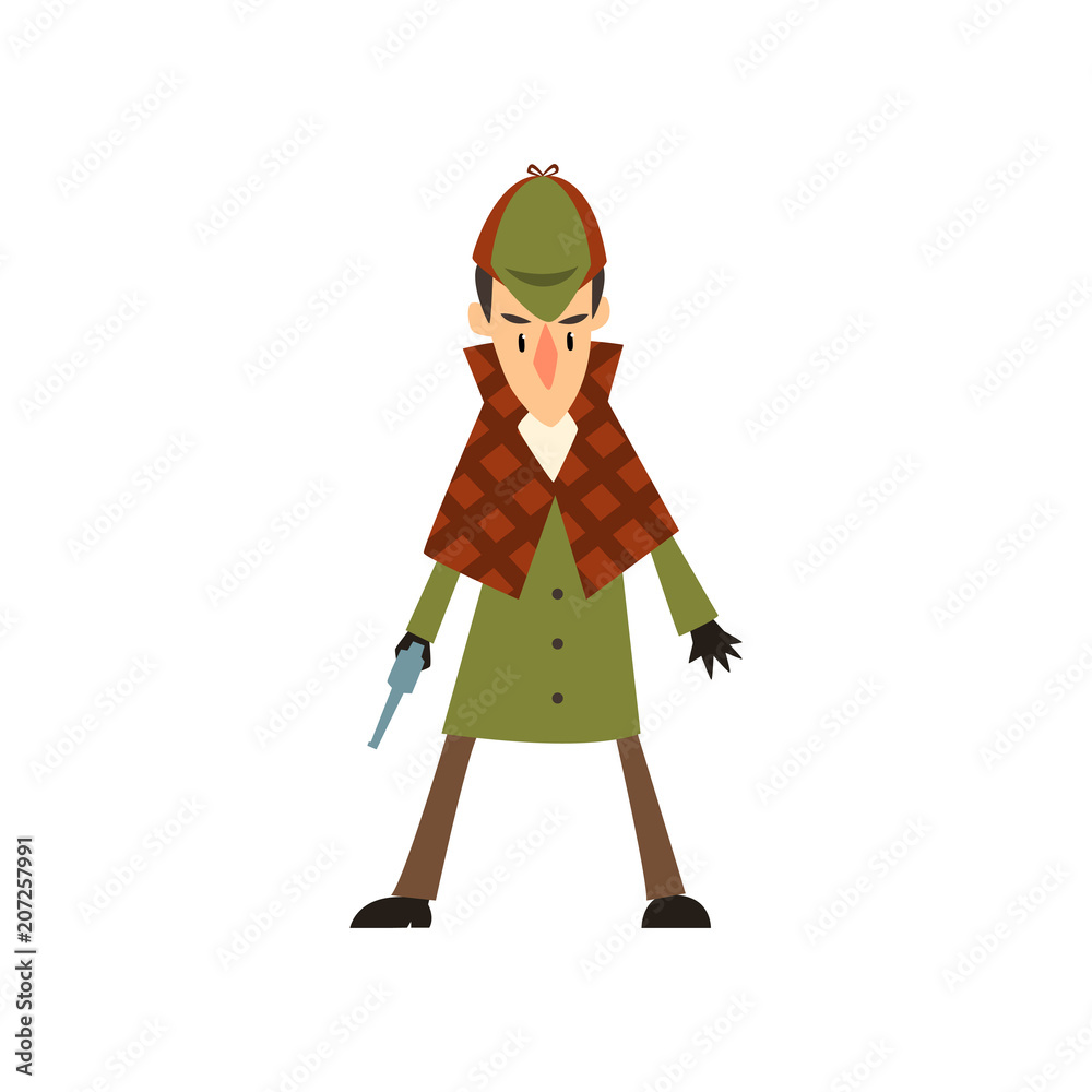 Sherlock Holmes detective character with gun vector Illustration on a white background