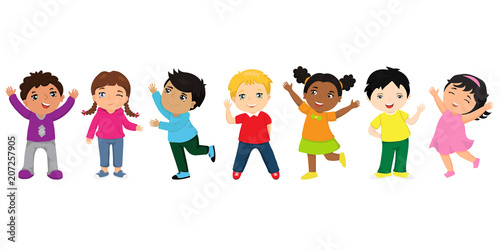 Group of happy kids cartoon. Multicultural children in different positions isolated on white background
