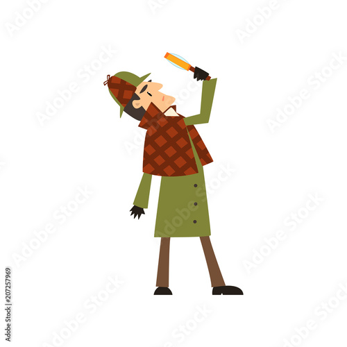 Sherlock Holmes detective character looking at magnifying glass vector Illustration on a white background