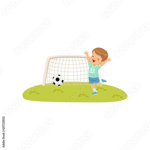 Cute smiing boy threw the ball into the goal, kids physical activity concept vector Illustration on a white background