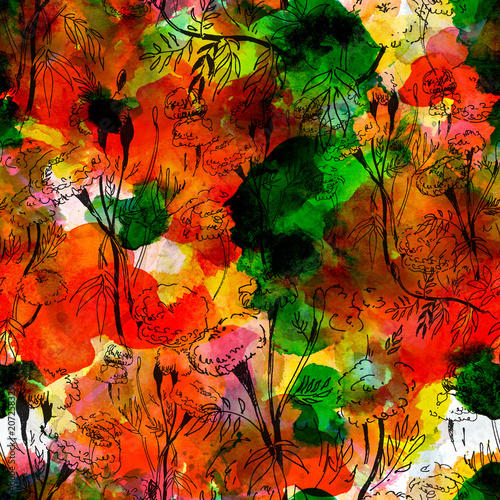 Contour floral pattern on abstract watercolor background