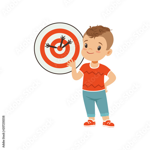 Cute boy playing darts, kids physical activity concept vector Illustration on a white background