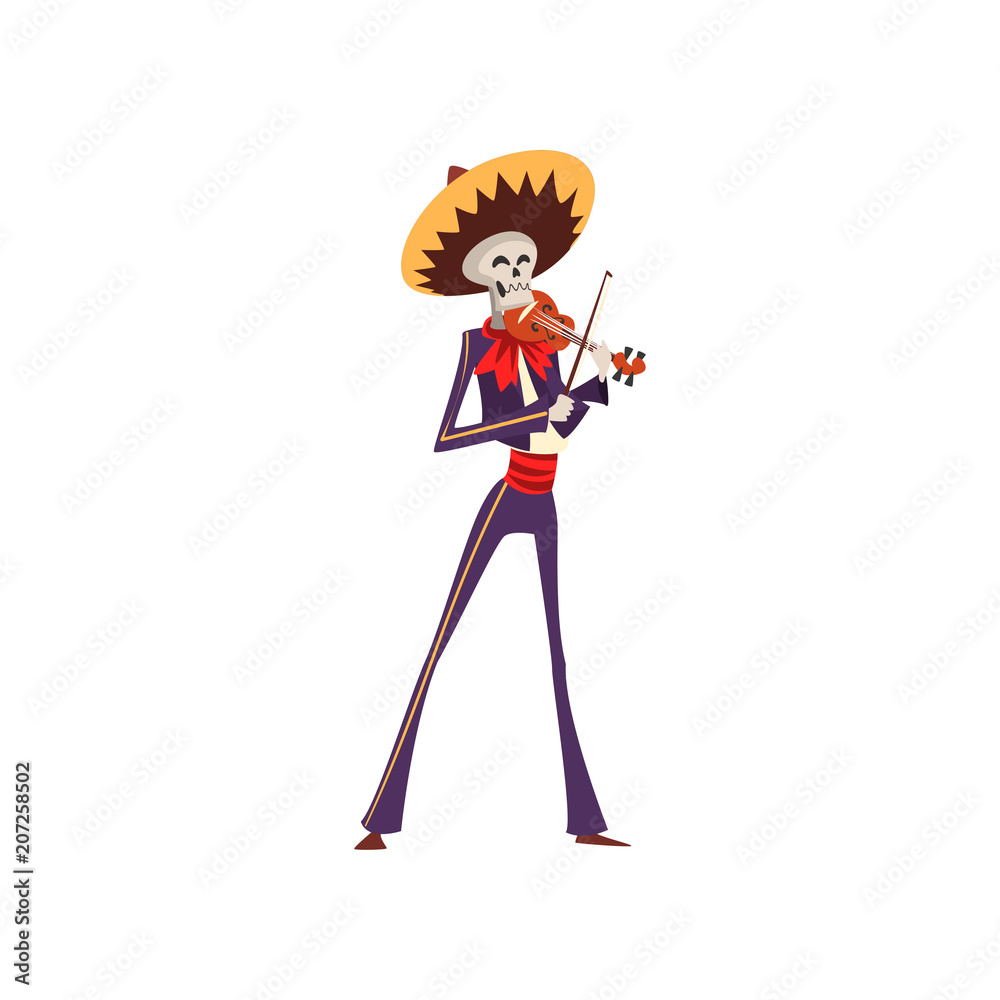 Skeleton in Mexican national costume playing violin, Dia de Muertos, Day of the Dead vector Illustration on a white background Skeleton in Mexican national costume playing violin, Dia de Muertos, Day of the Dead vector Illustration on a white background