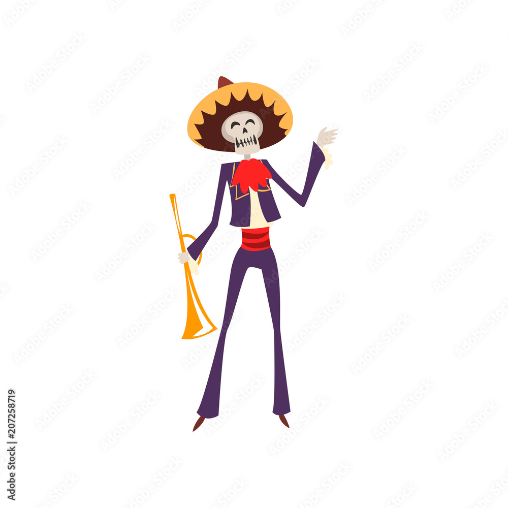 Skeleton in Mexican traditional costume and hat with trumpet, Dia de Muertos, Day of the Dead vector Illustration on a white background