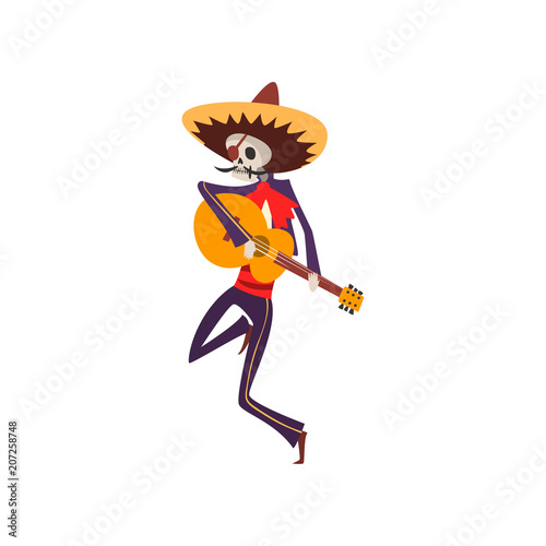 Skeleton in Mexican traditional costume and hat dancing, singing and playing guitar, Dia de Muertos, Day of the Dead vector Illustration on a white background