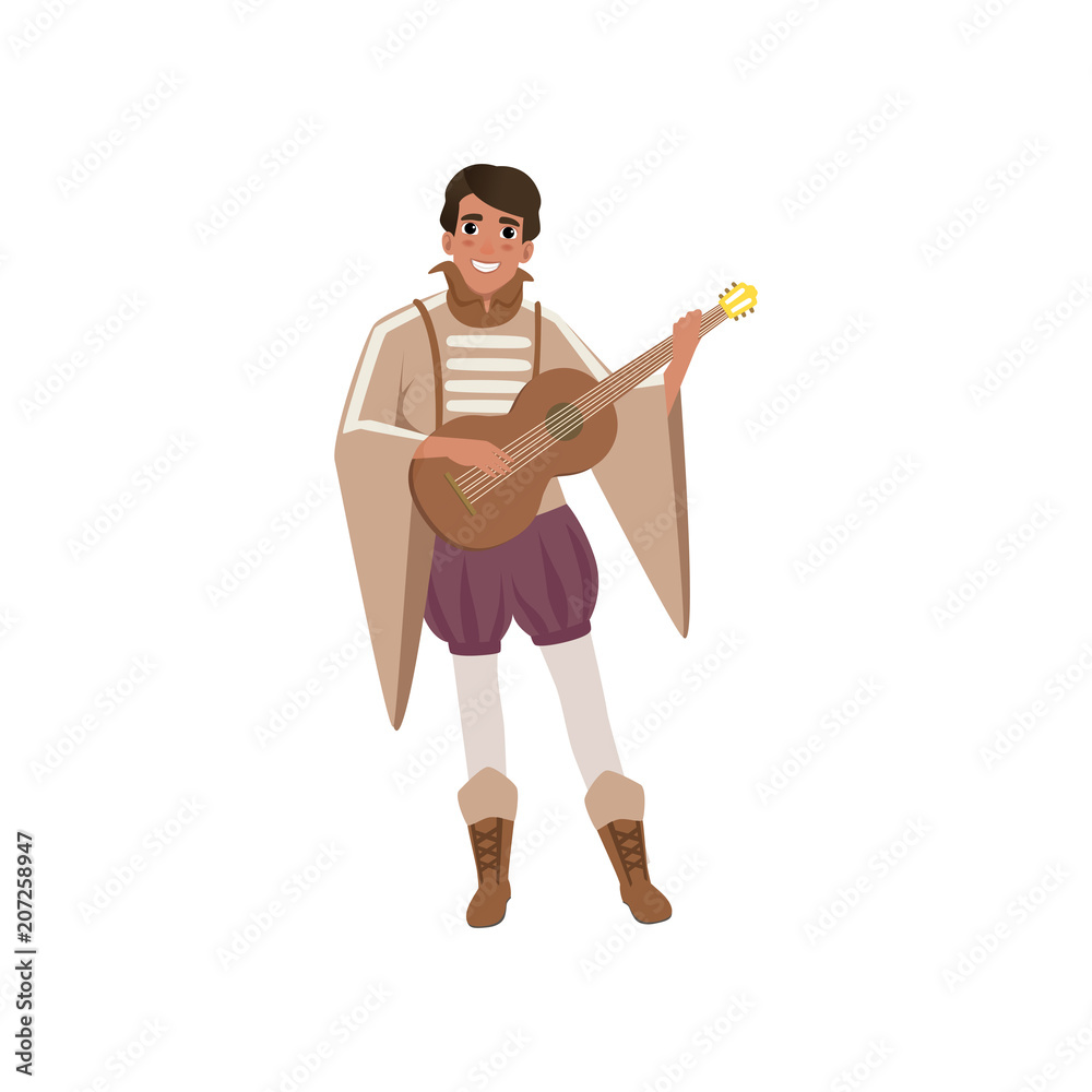 Medieval musician character playing guitar vector Illustration on a white background Medieval musician character playing guitar vector Illustration on a white background