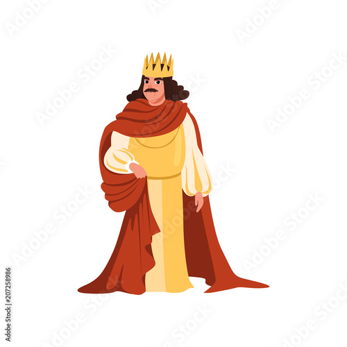 Majestic king in golden crown and red mantle European medieval character vector Illustration on a white background
