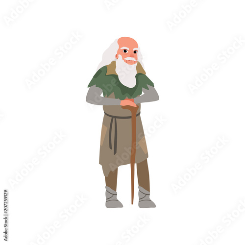 Old man in medieval clothes wirh wooden stuff vector Illustration on a white background