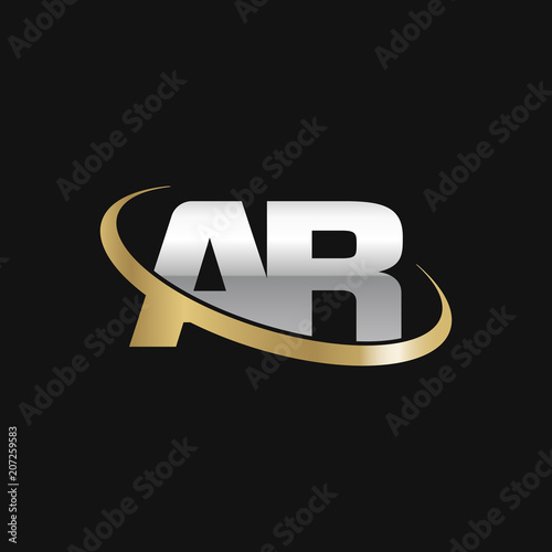 Initial letter AR, overlapping swoosh ring logo, silver gold color on black background