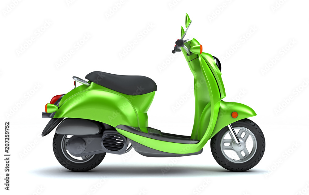 Naklejka premium 3D Rendering zielony retro skuter silnikowy na białym tle. Boczny widok kolorowy rocznika motocykl