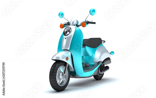 3D Rendering of shine turquoise colorful retro motor scooter isolated on white background. Perspective View of Vintage Motorcycle