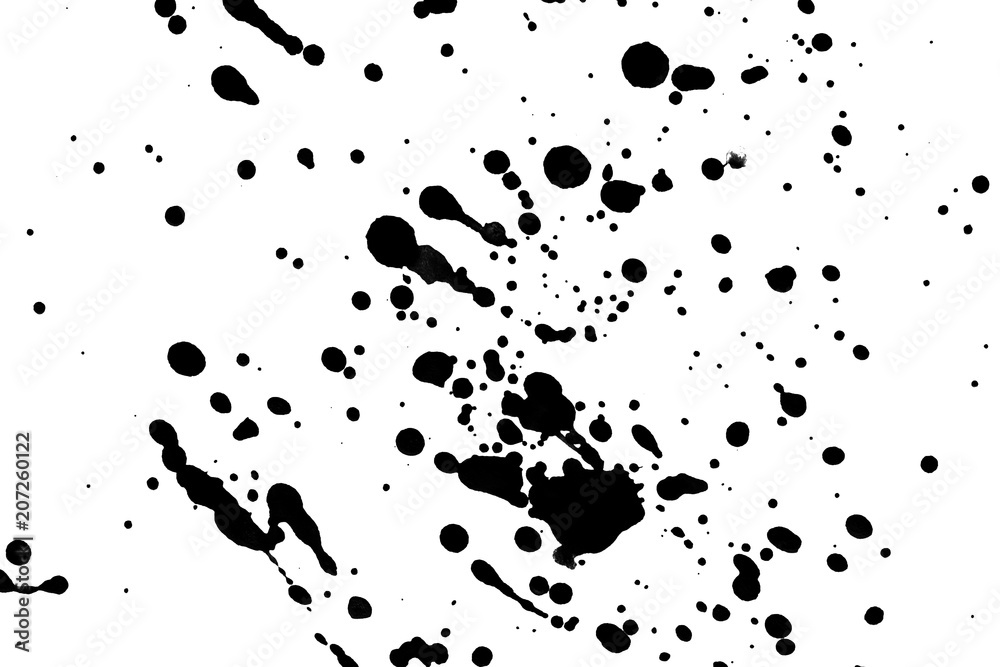 Texture of watercolor paint. Black drops on white paper. Horizontal photo. Texture of watercolor paint. Black drops on white paper. Horizontal photo.