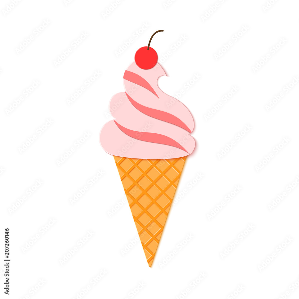 Cherry fruit Ice Cream in waffle cone in trandy paper cut style. Craft tasty bright summer icecream on white background for package design, T-shirt printing. Vector card illustration.