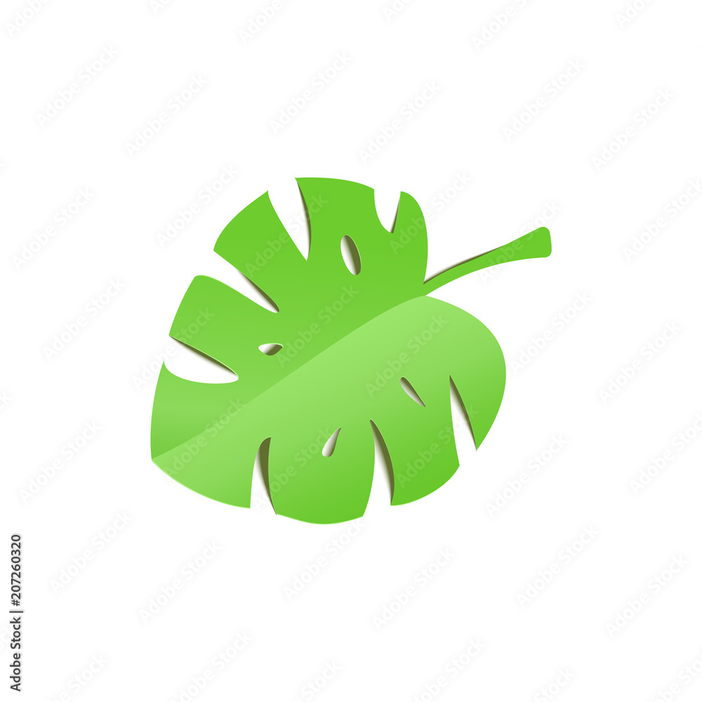 Tropical Monstera leaf in trandy paper cut style. Craft summer jungle plant isolated on white background for package design, T-shirt printing. Vector card illustration in papercutting art style