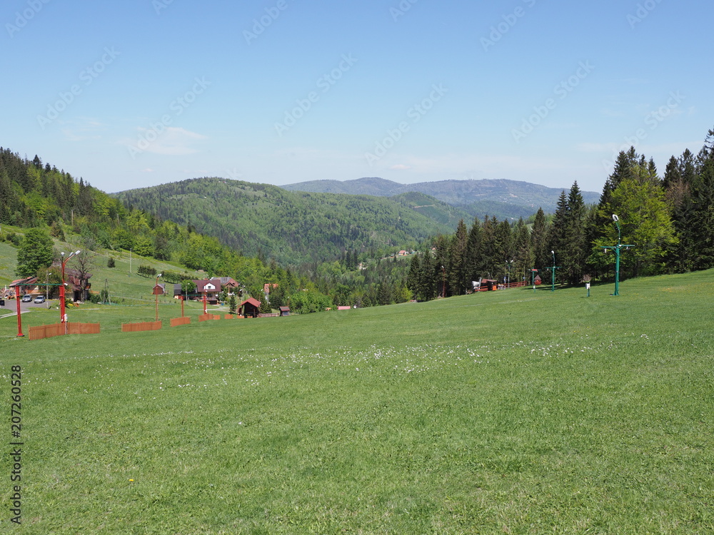 Countryside landscape of grassy field and forest at Beskid Mountains range on european Salmopol village in POLAND